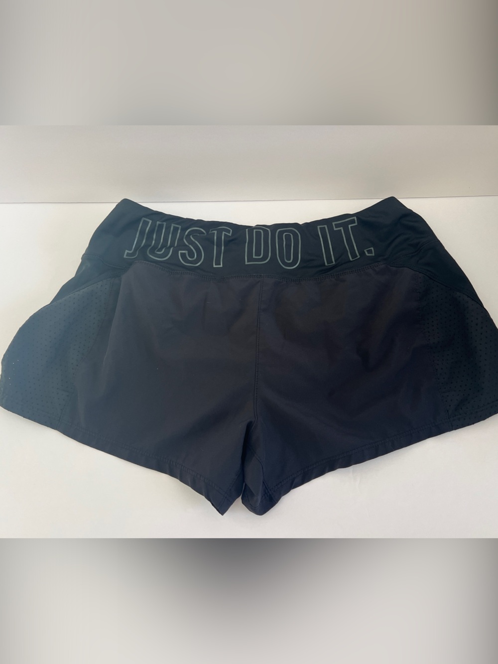 Nike Black Women’s Athletic Shorts with 'JUST DO IT.' on Back Waistband